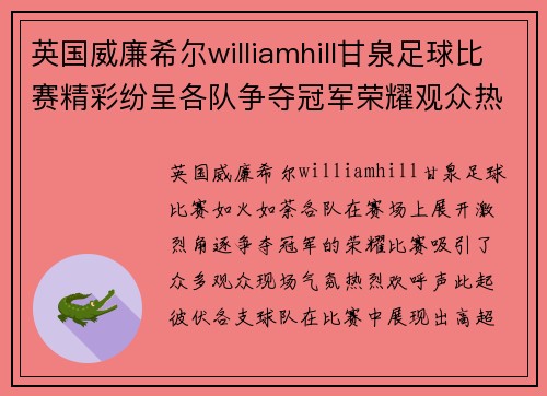 英国威廉希尔williamhill甘泉足球比赛精彩纷呈各队争夺冠军荣耀观众热情高涨