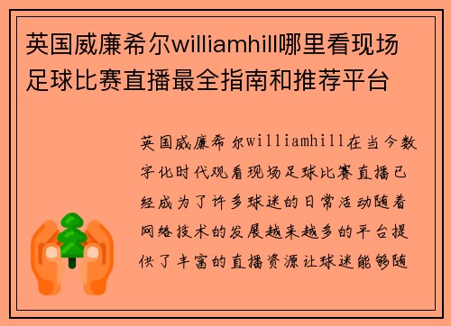 英国威廉希尔williamhill哪里看现场足球比赛直播最全指南和推荐平台