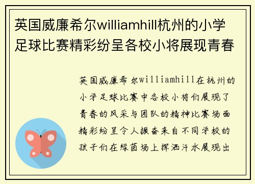 英国威廉希尔williamhill杭州的小学足球比赛精彩纷呈各校小将展现青春风采与团队精神